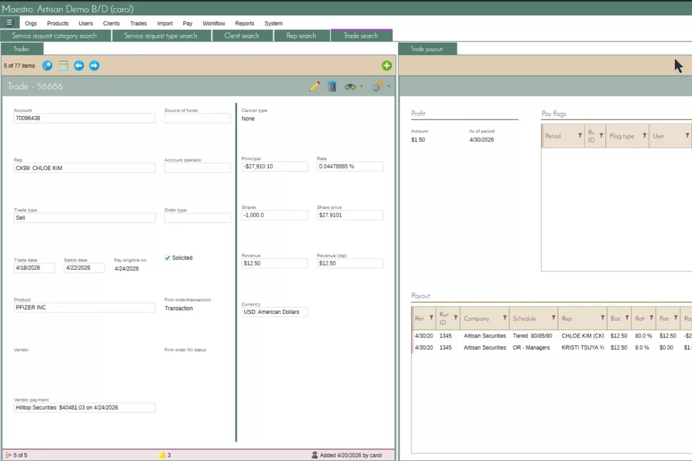 Screenshot of a trading system showing transaction details for Pfizer Inc.
