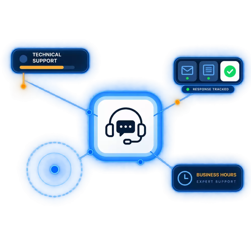 Graphic depicting technical support with icons for response tracking and business hours.
