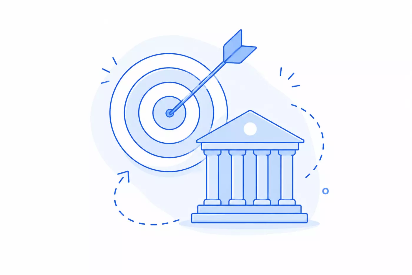 An arrow hitting a target beside a government building illustration.