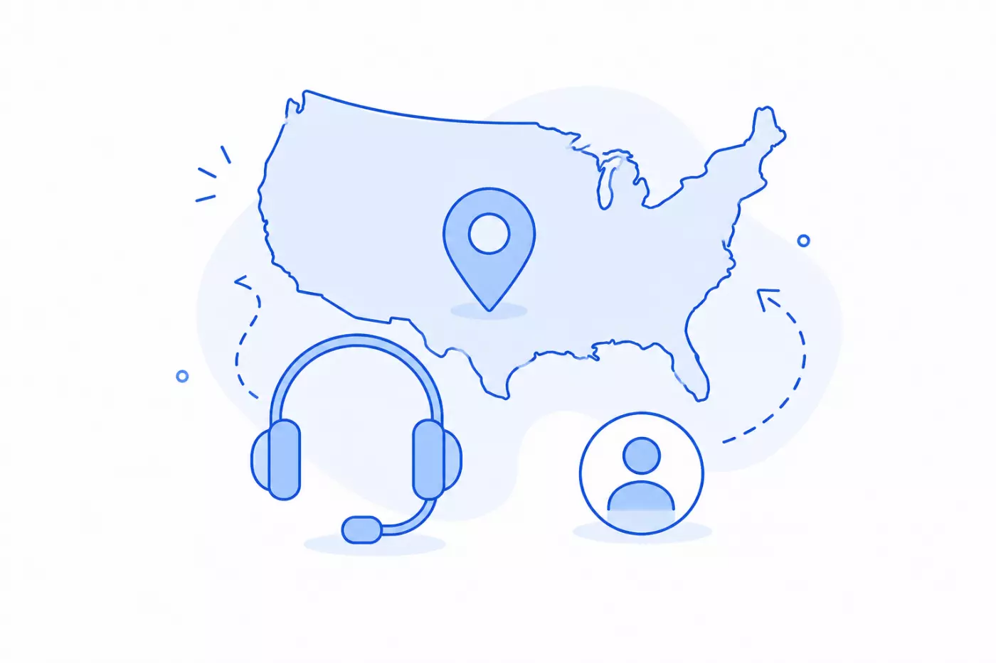 Map of the U.S. with a location pin, headset, and user icon.