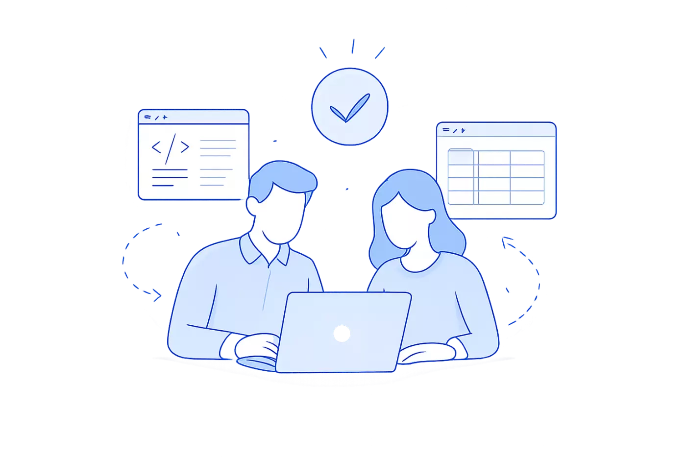 Two people collaborating on a laptop, surrounded by code and data visualizations.