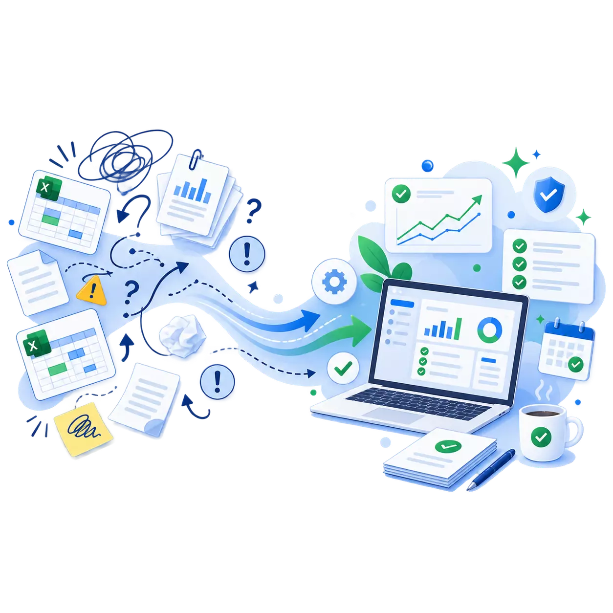 Data management concept with charts, documents, and a laptop.