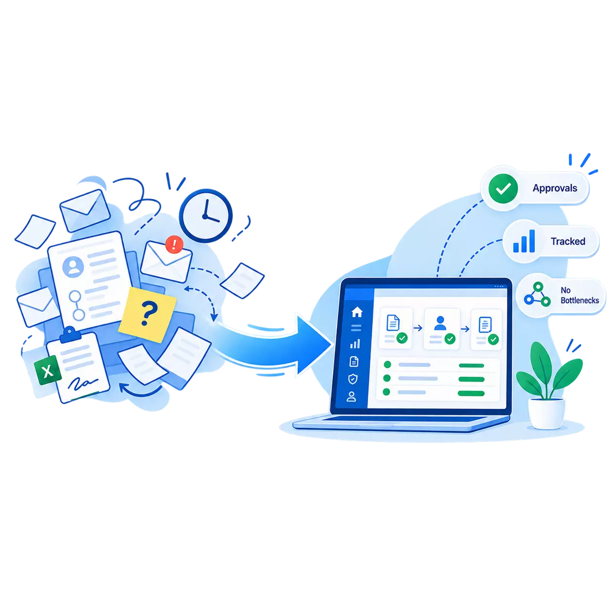 Workflow automation with documents and approvals transitioning to a digital dashboard.