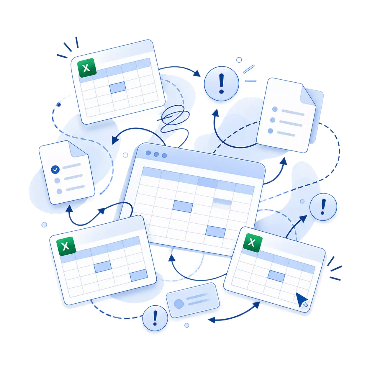 Illustration of spreadsheets and documents with alert icons and arrows, representing organization.