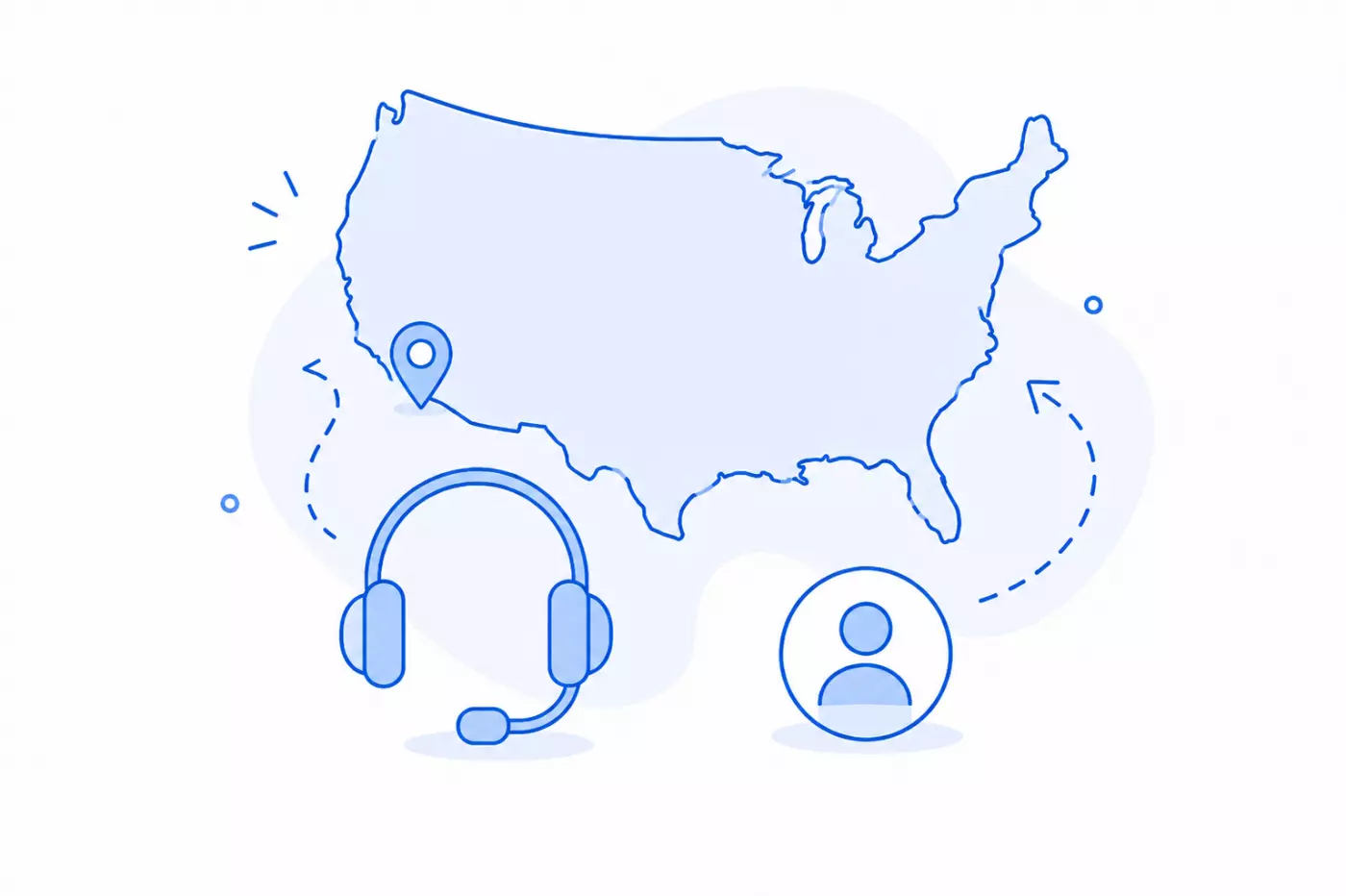 Map of the USA with a headset symbol and user icon, indicating customer support.