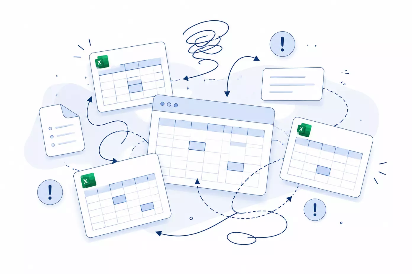 Illustration of multiple spreadsheets and data connections, highlighting data management.