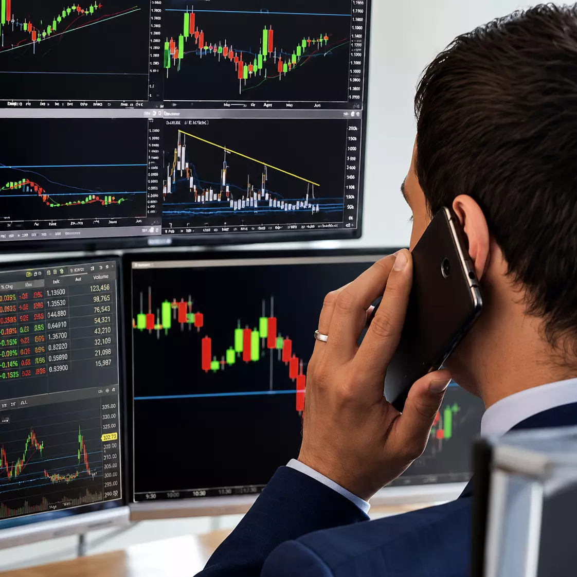 A businessman on a phone surrounded by multiple trading screens.