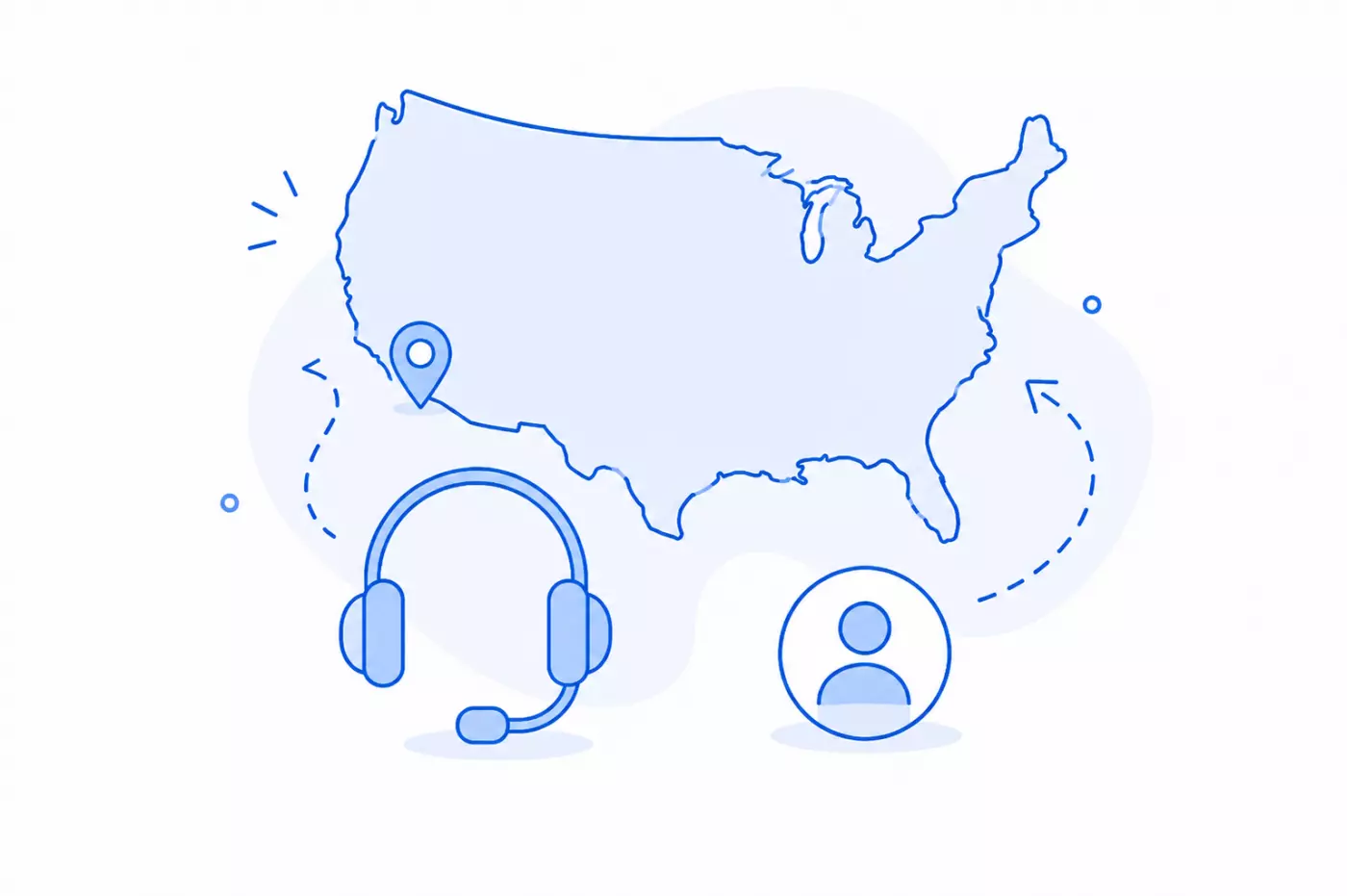 Illustration of a U.S. map with a headset and user icon, symbolizing remote communication.